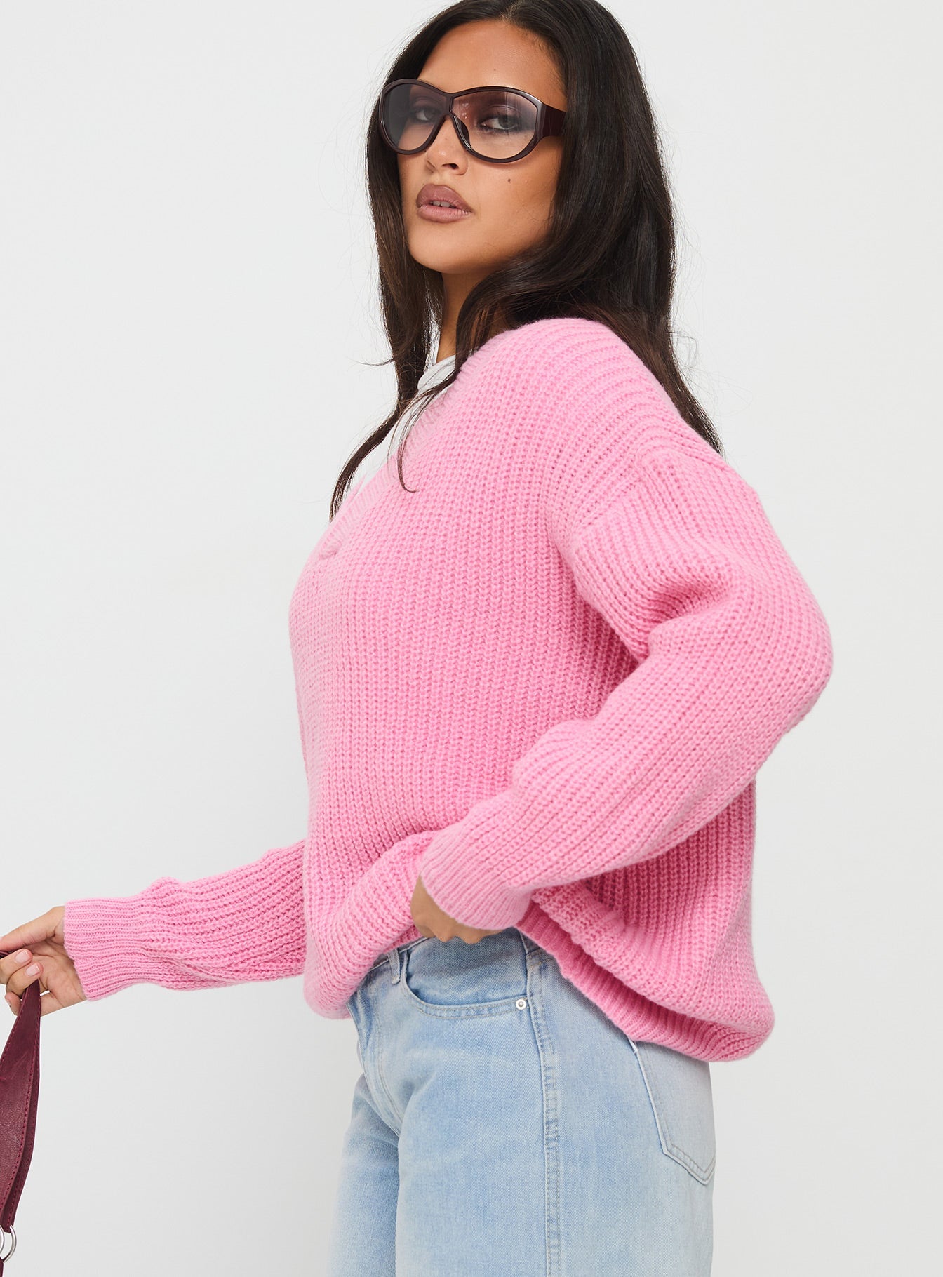 Zoea V Neck Knit Sweater Pink